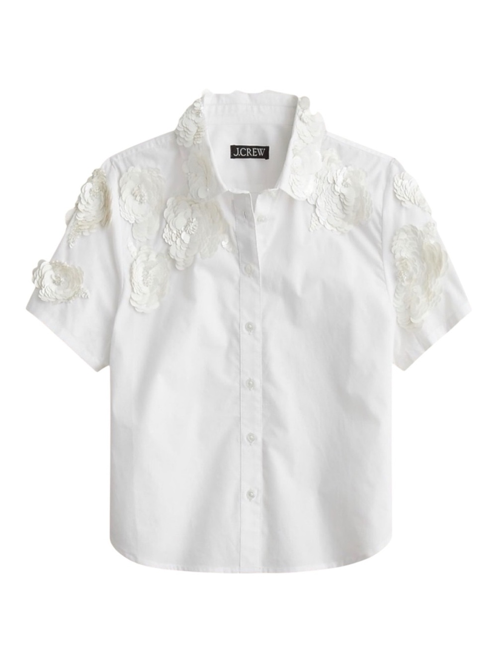 J. Crew White Short-Sleeve Button-Down with 3D Floral Appliqués